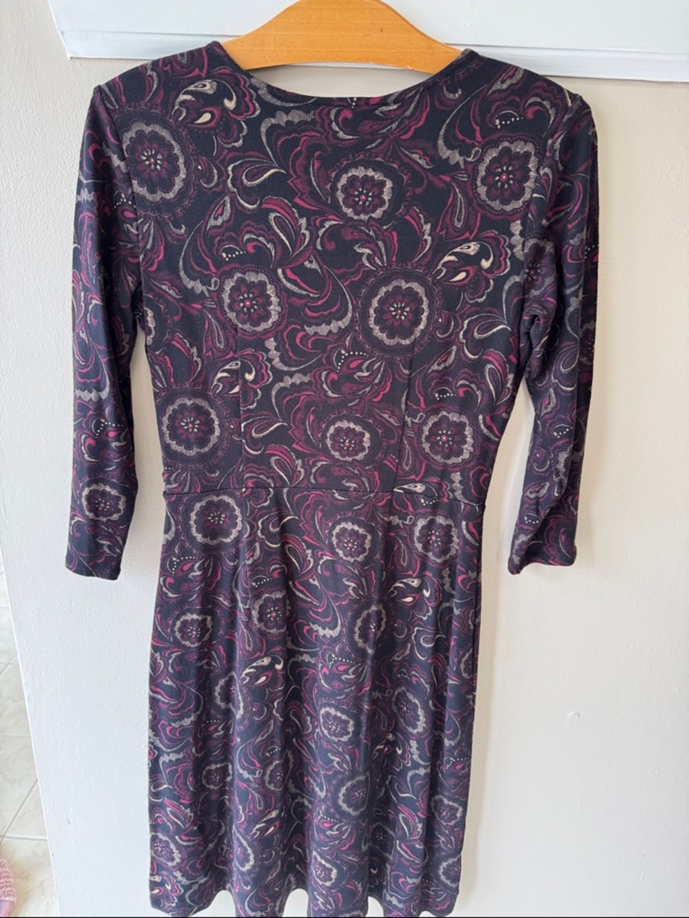 Bundle Of Three-Wrap & Fit Knit Dresses - Fuchsia, Purple, Patterned Black - Picture 10 of 11